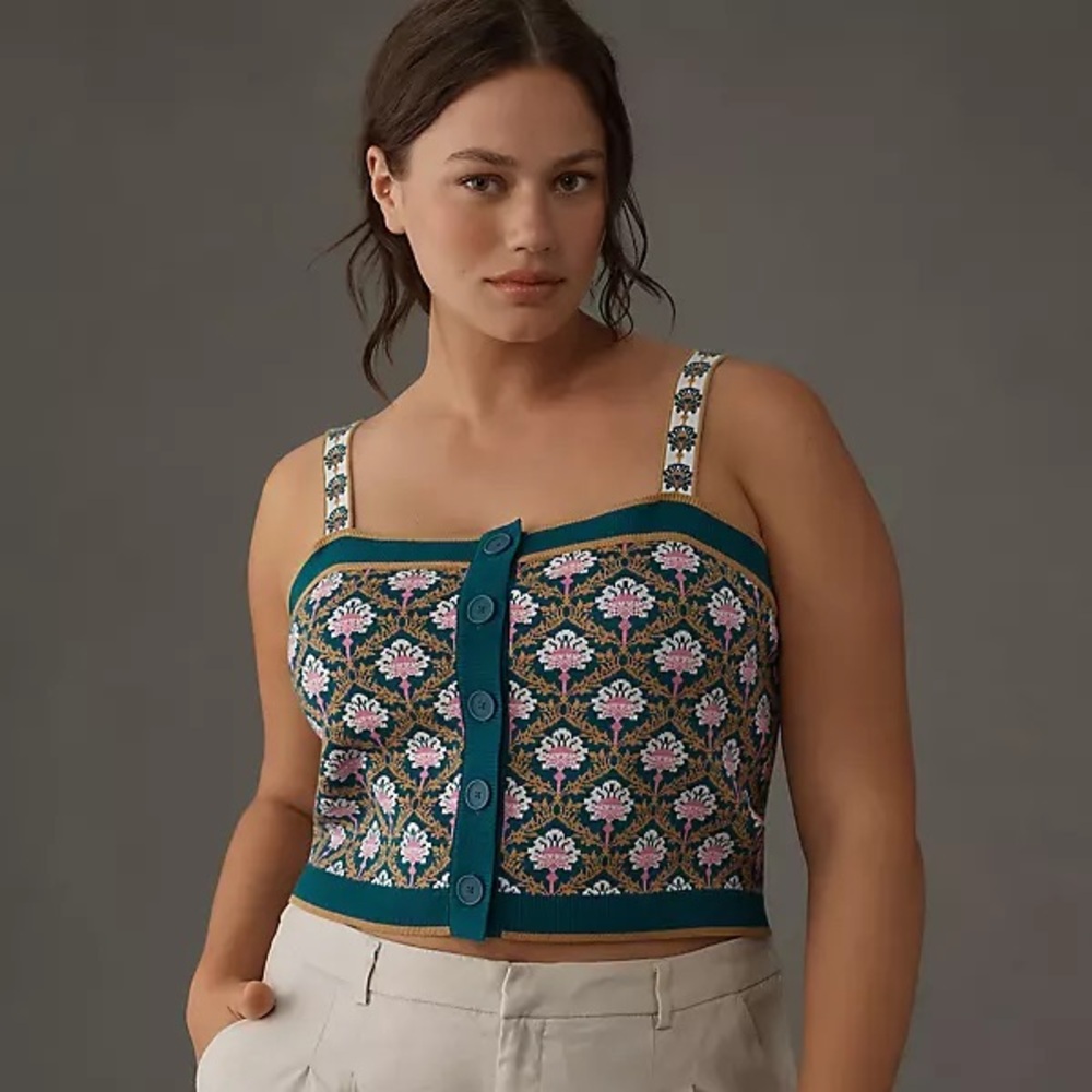 Anthropologie Teal Floral Knit Crop Tank
